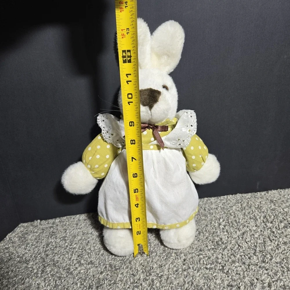 VINTAGE ACMI Rabbit Plush White Bunny Yellow Dress Polka Dots Cottagecore EASTER
